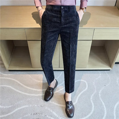 Velvet Men Suit Pants 2024 Autumn Winter New Warm Thick Trousers Solid Casual Elastic Slim Fit Formal Dress Pants Wedding Party