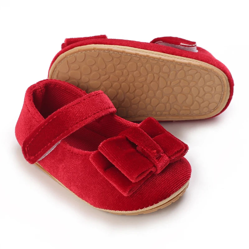 Newborn Baby Shoes Baby Girl Shoes Girl Classic Red Bowknot Rubber Sole Anti-slip PU Dress Shoes First Walker Toddler Crib Shoes