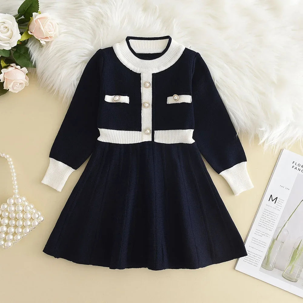 Bear Leader Winter New Year's Red Girl Knitting Wool Long Sleeve Splicing Dress Girl Baby Bow Fashion Dressses Christmas Clothes