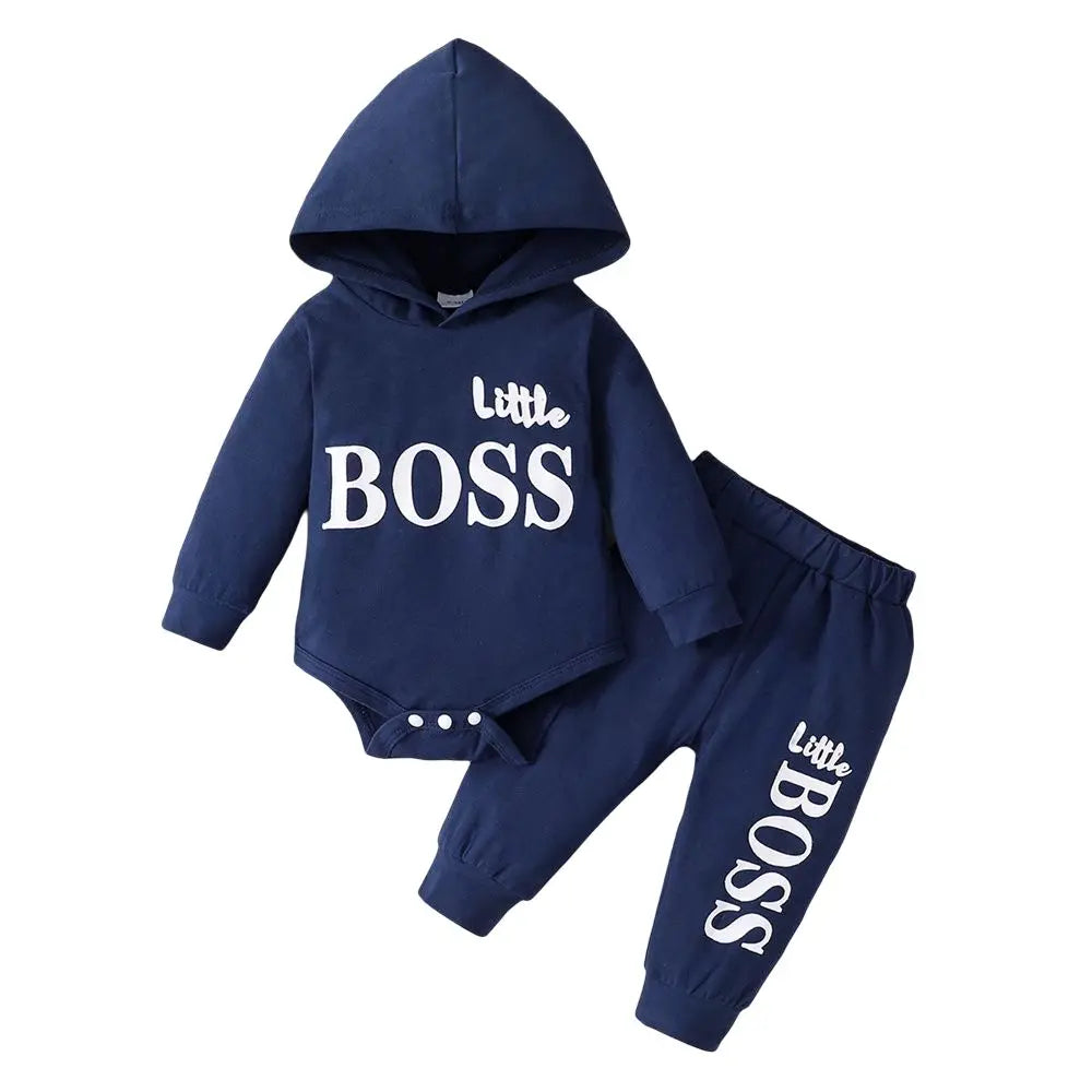 0-2 Years Newborn Baby Boy Hooded Suit 2Pcs Set Long Sleeve Letter Bodysuit+Pants Toddler Boy Autumn Sport Style Sweatsuit