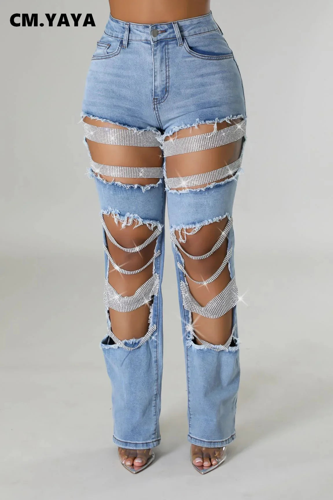 Women Fashion Pearl Beading Ripped Hollow Out Tassel Wide Leg Jeans 2025 New Summer