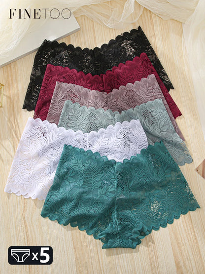 FINETOO 5Pcs Lace Boyshort Panties Women Low Waist Floral Underwear Girls Sexy Breathable Briefs Ladies Hollow Out Lingerie S-XL