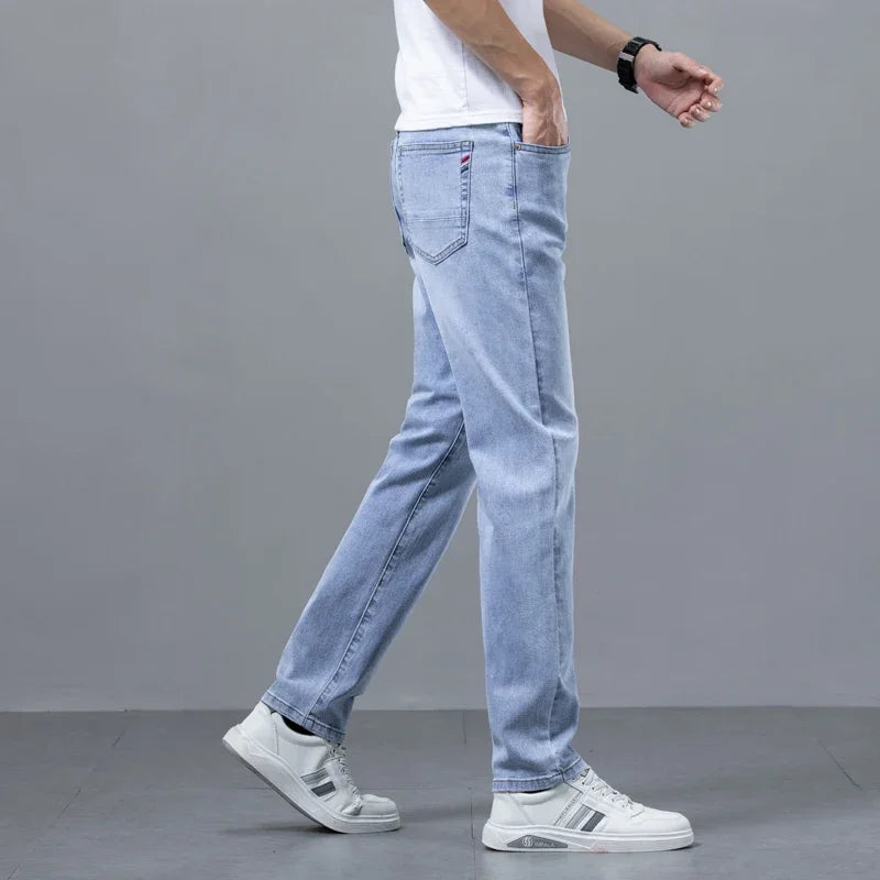 Spring Summer New Business Jeans Blue and Gray for Men Stretch Straight Comfortable Casual Denim Long Pants Classic Style Male