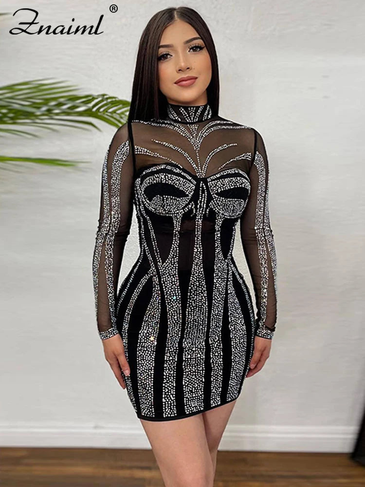 Sexy Skinny Wrap Hip Evening Dress Women Mesh See Through Long Sleeve Rhinestone Hot