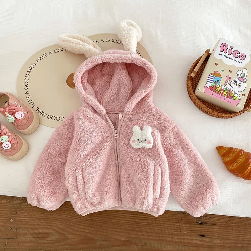 Cute Rabbit Ears Plush Baby Jacket Sweet Princess Girls Coat Autumn Winter Warm Hooded Outerwear Toddler Girl Clothes