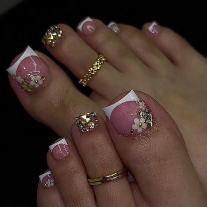 3D Flowers Butterfly Pearl Rhinestone Fake Toenails White French Summer Toe False Nails Detachable Press on Toenails with Glue