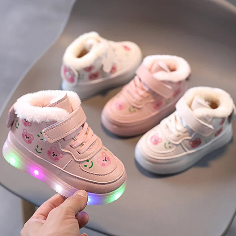 Children Cotton Shoes for Girls Led Lighted Plush Board Shoes Winter Non-slip High Top Sports Shoes Luminous Kids Casual Sneaker