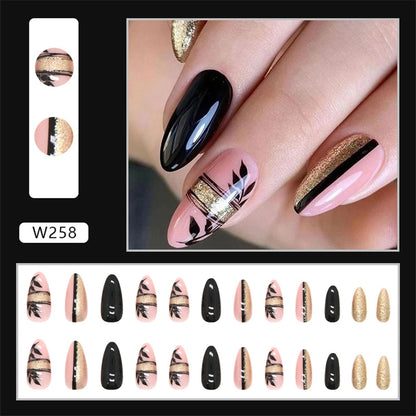 24pcs/Box Ballerina Nail Tip Purple with Design Manicure Patches Fresh Floral Almond False Nails Press on Med Nails Detachable
