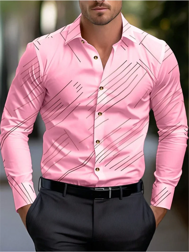 Spring and Autumn Men's Suit Lapel Fashion Shirt Pink Long Sleeve High Quality Fashion Casual Soft and Comfortable Men's Shirt