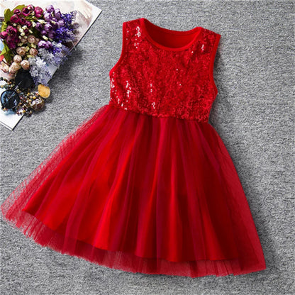 Baby Girls' Red Children's Sequin Sleeveless Mesh Princess Dress Causal Clothing for 2-6Y