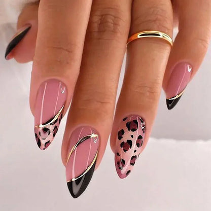 24Pcs Mid-length False Nails with Almond Head Design Brown Gold Lines Fake Nails Oval Wearable French Press on Nail Tips