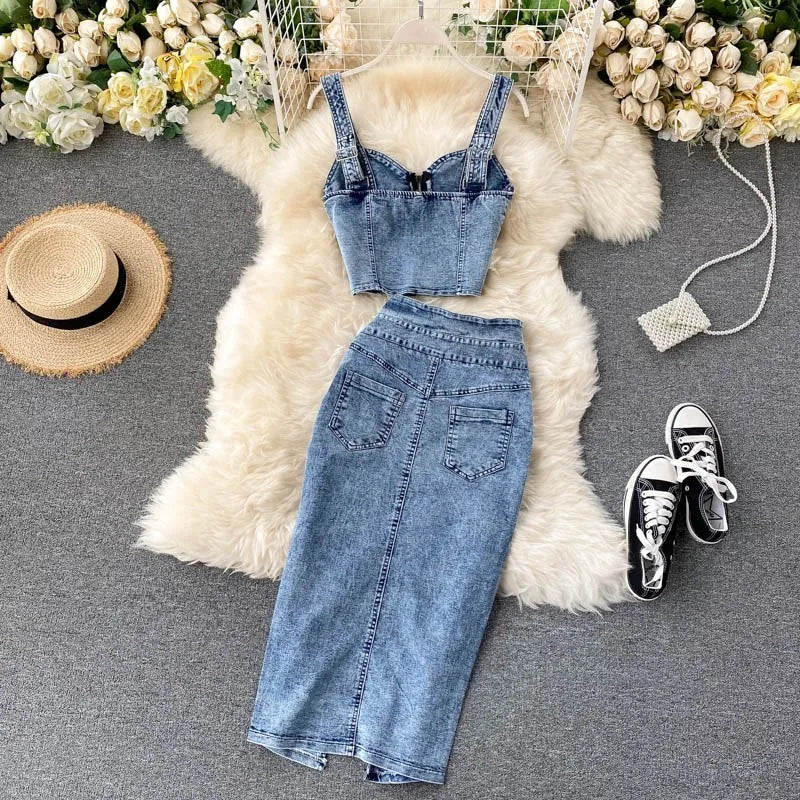 denim 2 piece set women korean outfits summer top and skirt two piece set Sexy elegant 2025 fashion midi skirt new in matching