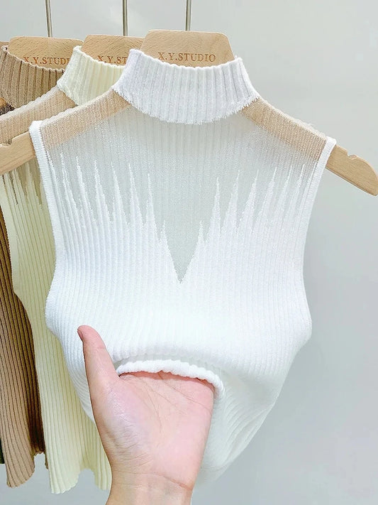 Mesh Knitted Top Women Y2K Tank Top Half Neck Vest Female Sleeveless Sweater Chic Cut Out Streetwear Solid Skinny White Tube Top