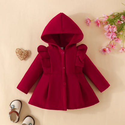 Baby Girl Ruffled Long Sleeve Fleece Hooded Single Breasted CoatKids Clothes Autumn And WinterRecommended To Buy One Size Larger