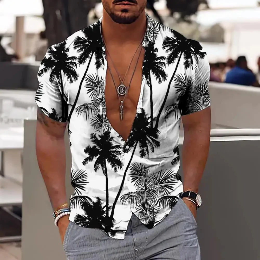 Men Hawaiian Shirt Coconut Tree Print Aloha Shirt Collar Button Short Sleeve Male Clothes Beach Casual Vacation Blouse Tops