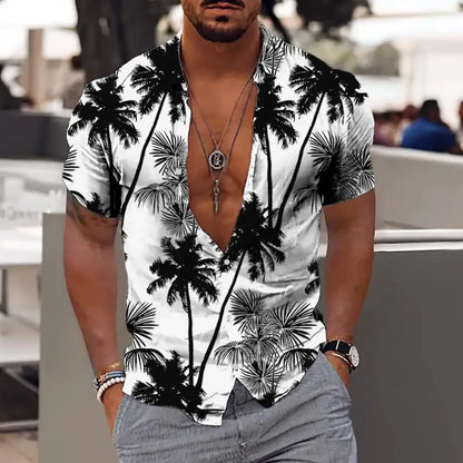 Men Hawaiian Shirt Coconut Tree Print Aloha Shirt Collar Button Short Sleeve Male Clothes Beach Casual Vacation Blouse Tops