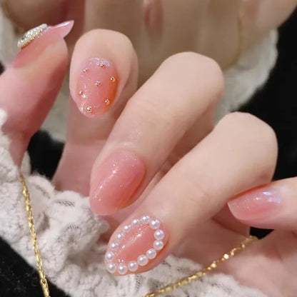 24Pcs Short Round Head Ballet Manicure Press On Nail Full Cover Artificial Coffin Fake Nails Wearing Reusable False Nails Art