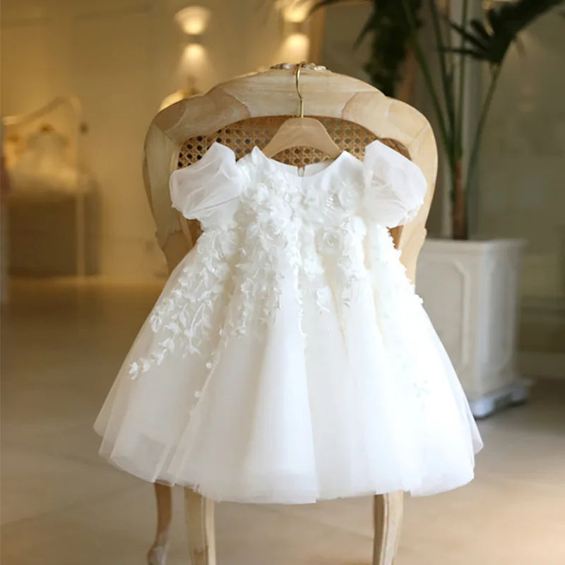 Princess Flower Girl Dress For Wedding White Tulle Applique Puffy With Bow Cute Kids Baby Pageant Birthday Party Dress Ball Gown