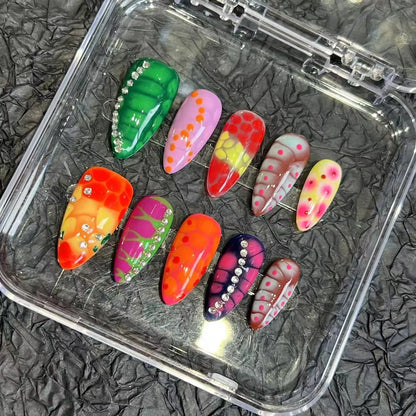 10pcs Handmade Press on Nails Colorful Snake Pattern Fake Nail Tips