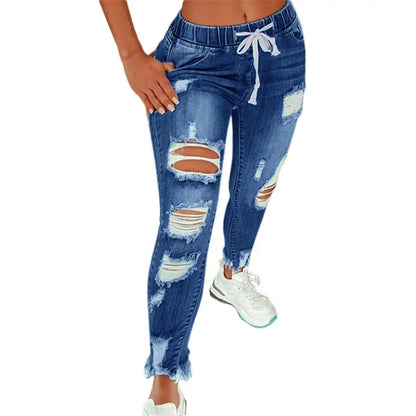 Stretchy Ripped Hole Jeans Women 2025 Straight Denim Trousers Female High Waist