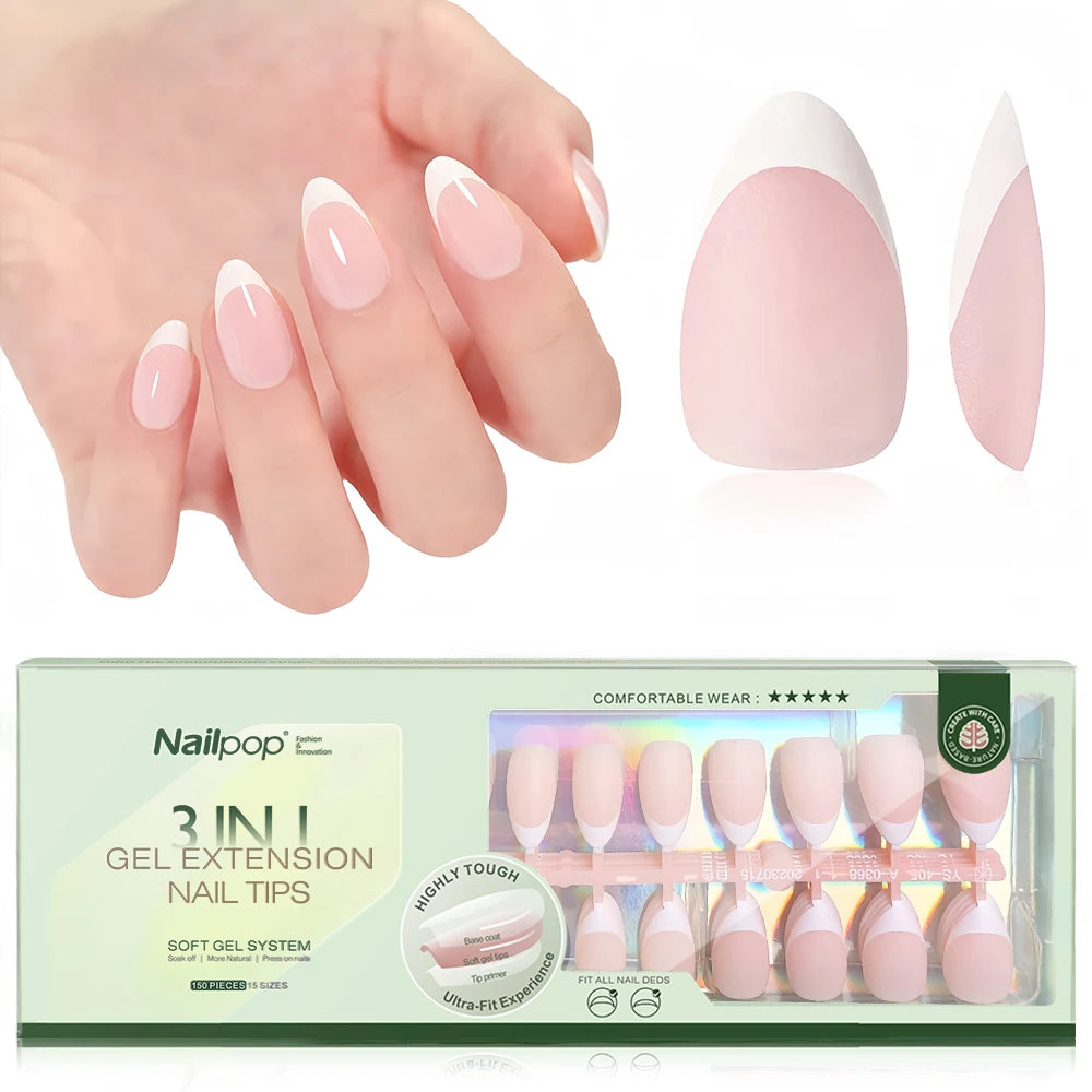 NAILPOP 150PCS Short Coffin Press on Nails 3 in 1 Coat Soft Gel Nail Tips French Tip Press on Nails 15 Sizes of Nail Art DIY