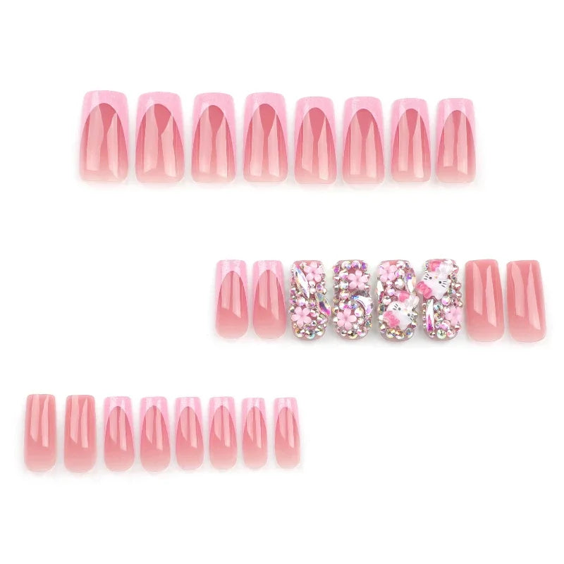 24Pcs Press on Acyrlic Nails Y2k HelloKitty False Nails Rhinestone Design Pink Cute Fake Nail Tips for Girls French Manicure