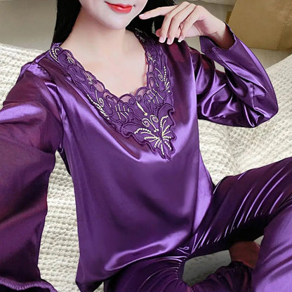 2 Pcs/Set Women Pajamas Set Silky Long Sleeves Spring Nightie Set V Neck Loose Sleeping Lace Women Nightie Set For Bedroom