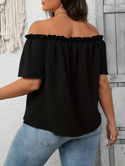 Plus Size Summer Women Elegant Shoulderless Shirt Casual Fashion Solid Tops Office Lady Curve Clothing