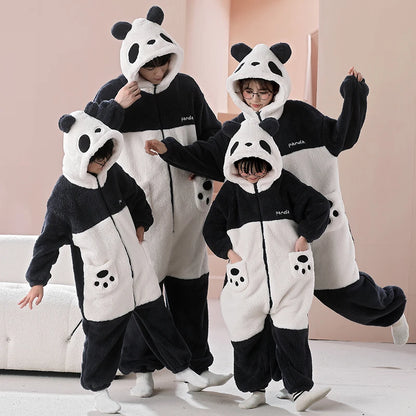 Parent-Child Outfit Pijamas Jumpsuits Kawaii Cartoon Panda Women Men Sleepwear Hoodies Winter Thicken Pajamas Onesie Pyjamas