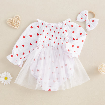 Baby Girl Autumn Romper Dress Long Sleeve Crew Neck Red Heart Print Jumpsuit with Bow Headband