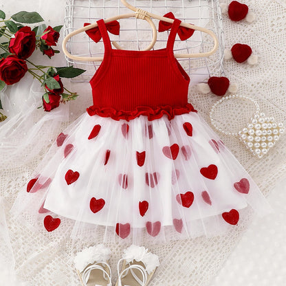 Lovely Toddler Girl Sleeveless Mesh Dress Heart Embroidery Square Neck Tulle Princess Dresses Valentines Day Clothes