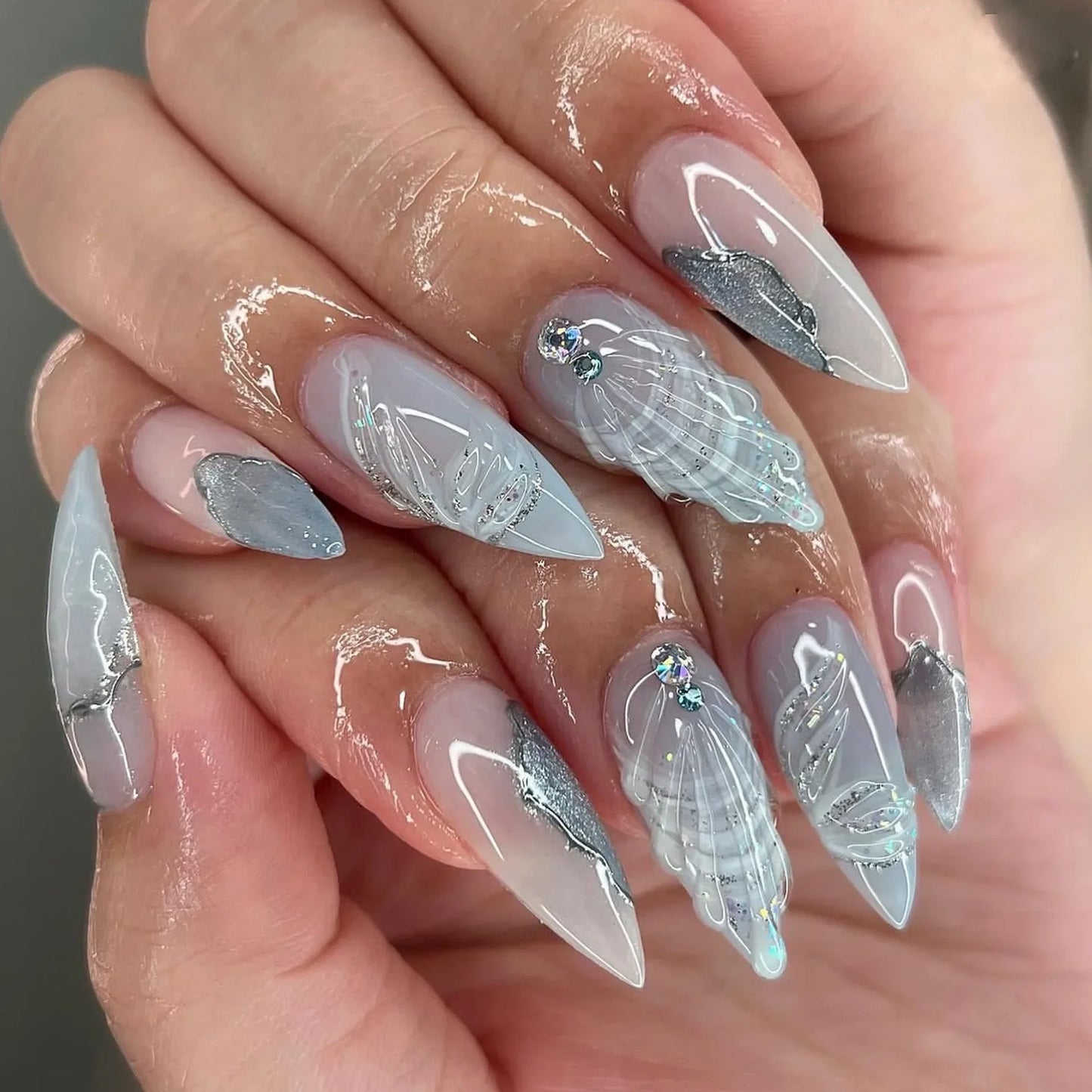 Fantasy Press on Nails 3D Pearl Stars Dream Wing Blue Flower Jellyfish Nail Art False Nails Art Pretty Fake Nail Charms Supplies