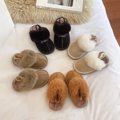 Winter Kids Fur Slippers Korean Elastic Band Girls Cotton Shoes