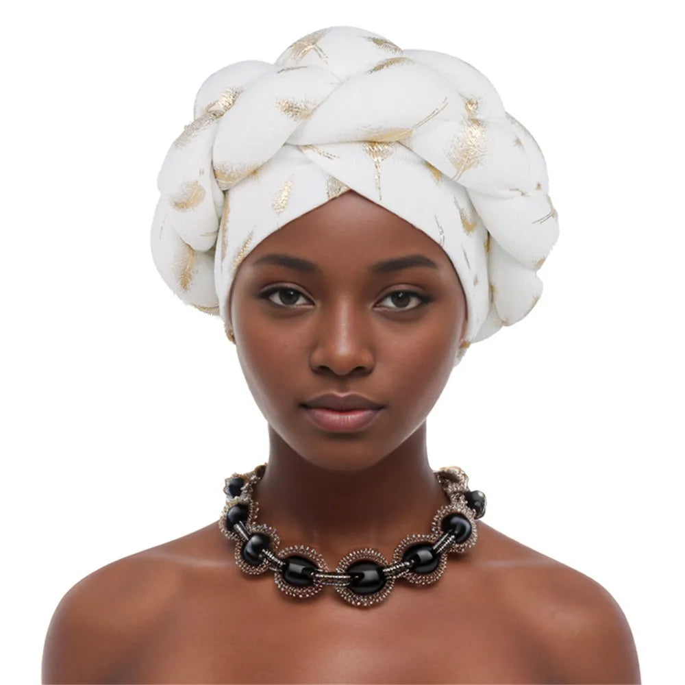 Muslim Headscarf Bonnet Turbante mujer Feather Gold Stamping Braids Turban Cap for Women Fashion African Lady Head Wraps