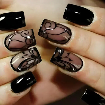 24Pcs Sweet Cool Press on Nails Short Square False Nail Gradient Glitter Line Fake Nails Full Cover Glossy Acrylic Manicure Nail