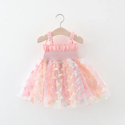 Girls' New Summer Dress With Large Butterfly Wings On The Back Drawstring Waist Mesh Colorful Butterfly Princess Dress Party