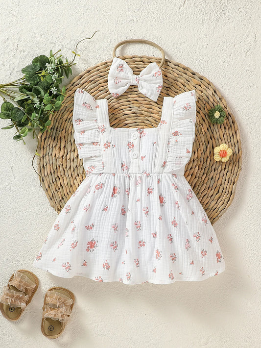 Girl's Clothing Baby Summer Printing Floral Square Collar Cute For Party Dress With Button