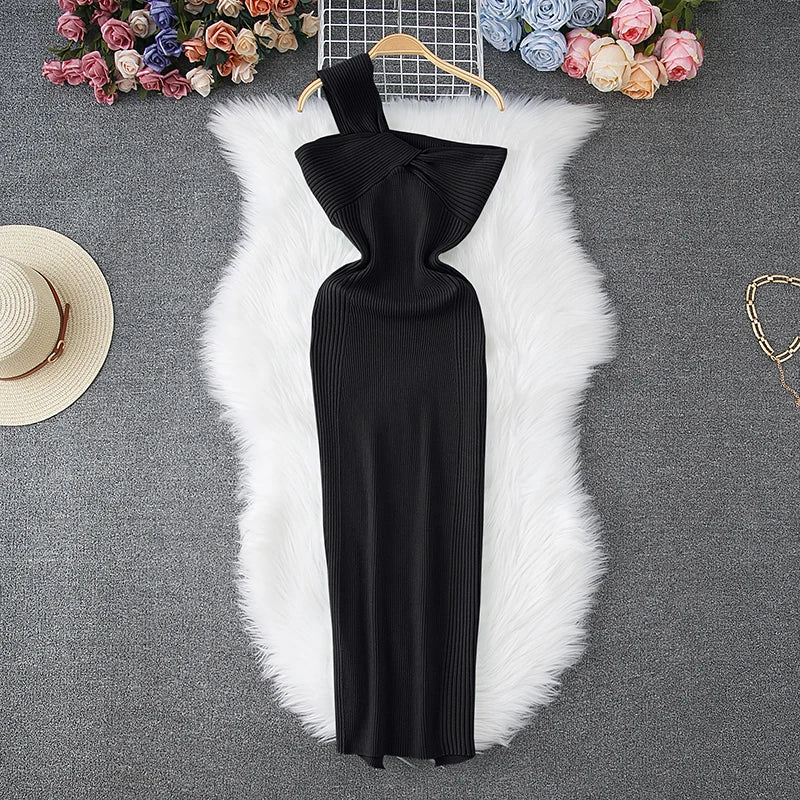 One-Shoulder Knitted Party Dress Women Sleeveless Knot Bodycon Dress