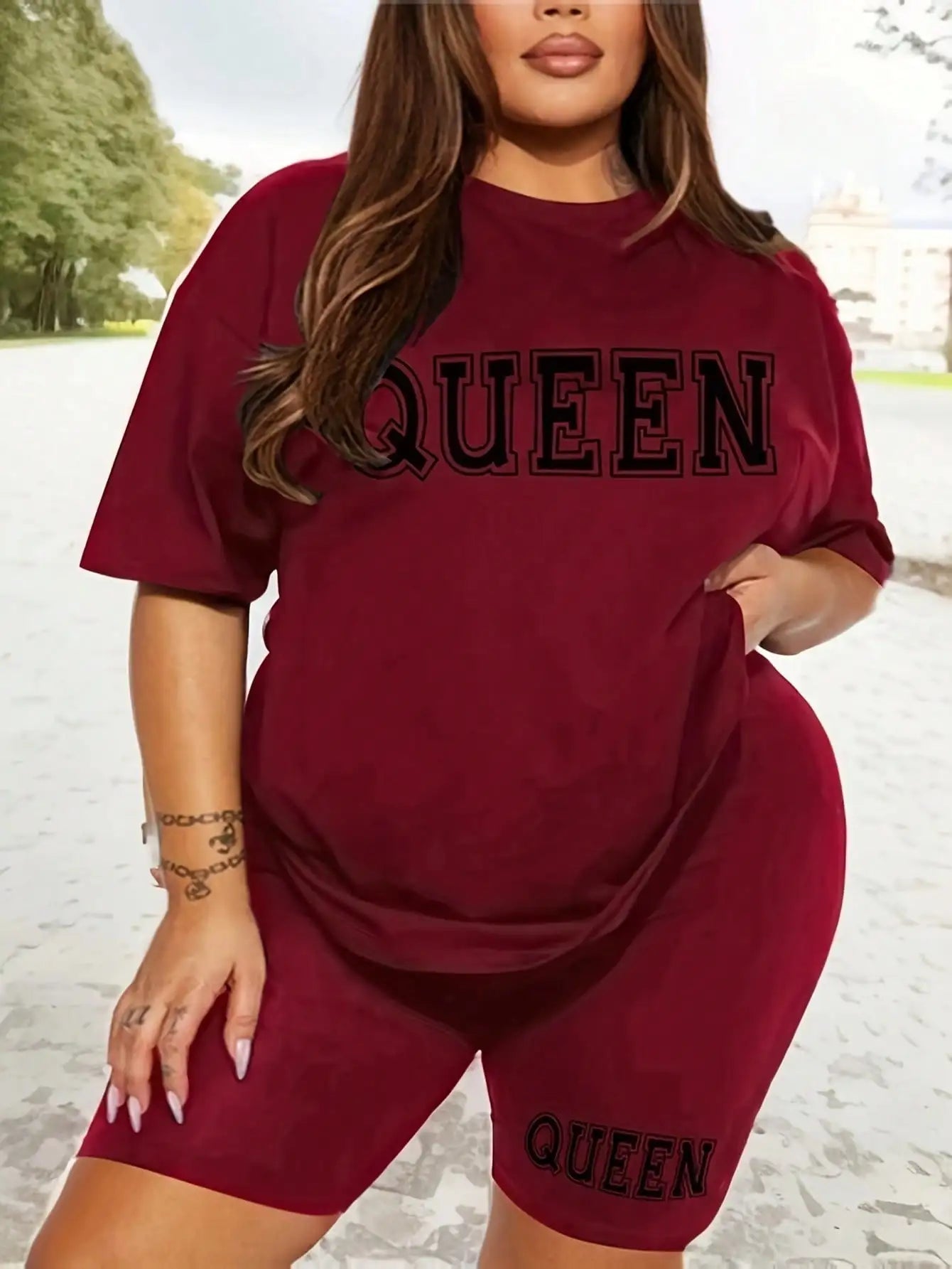 Plus size fashionable all-match shorts short-sleeved suit queen letter print simple and comfortable two-piece suit 2024 New