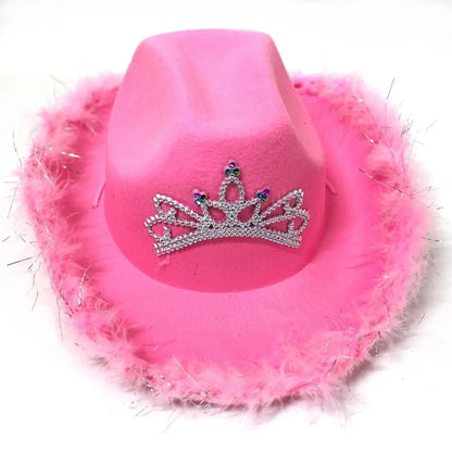 Pink Cowboy Hat Fluffy Feather Brim Cap With Crown Wild West Cowgirl Fancy Dress Costume Accessories Party Dress Up