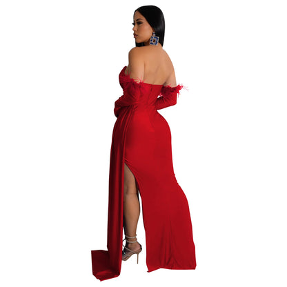 Fashion Slit Dress Sexy Elegant Luxury Designer Party Dresses Asymmetrical Pleated Backless Women Evening Long Dress