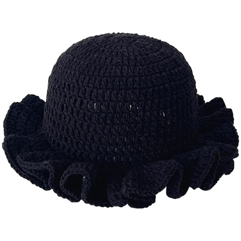 Handmade Crochet Knitted Hats Women Girl Crochet Scallop Ruffle Edge Knit Bucket Caps Adult Trendy Rainbow Striped Beach Sun Hat