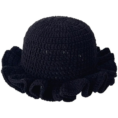 Handmade Crochet Knitted Hats Women Girl Crochet Scallop Ruffle Edge Knit Bucket Caps Adult Trendy Rainbow Striped Beach Sun Hat