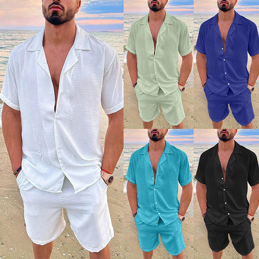 Men's Summer Casual Loose Two Piece Sets Beach Solid Cotton Linen Man Suit Short Sleeve Button Shirt And Shorts Office Outfits