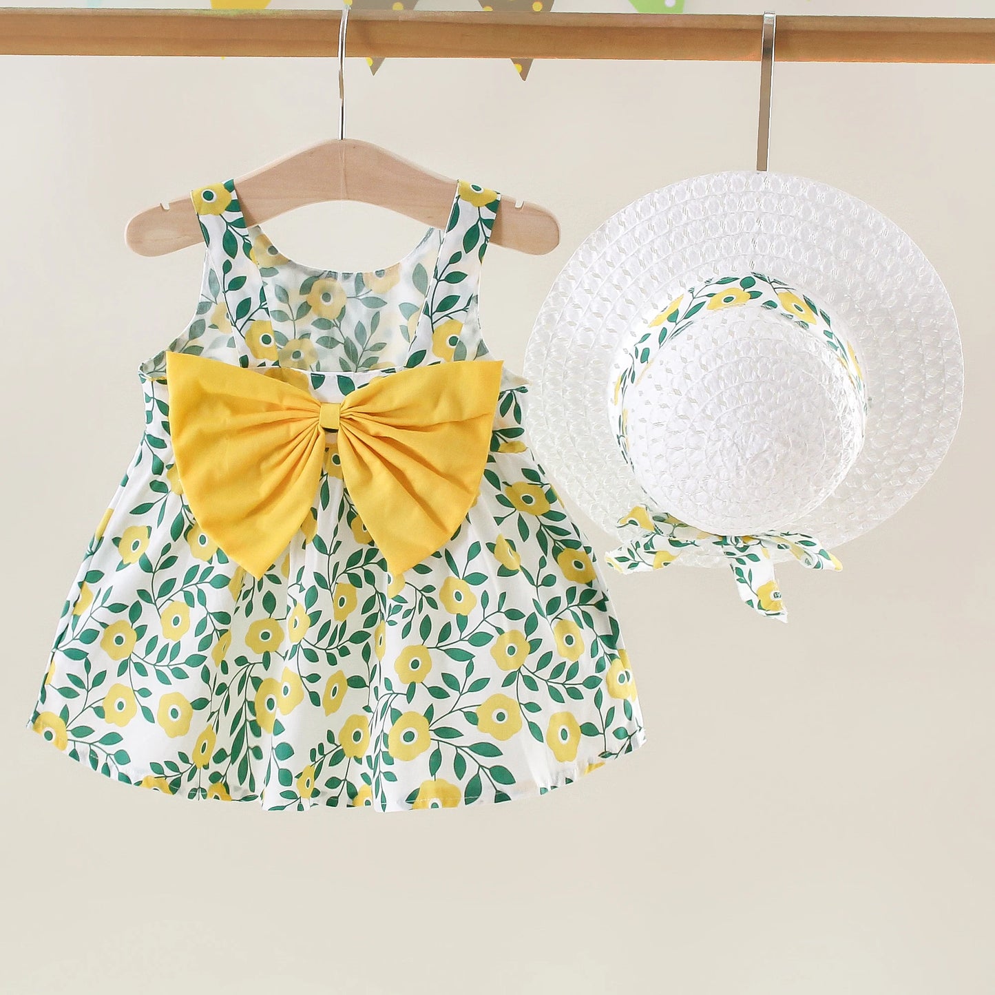 Summer New Girls Dress Halter Ribbon Ribbon Full Print Floral A-line Dress Birthday Party Team Dress + Hat Bow Ribbon