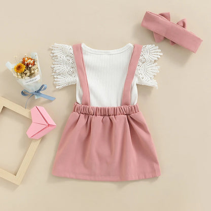 0-18M Newborn Infant Baby Girls Lace Short Sleeve Romper Tops Suspender Skirt Headband Outfits Clothes Set 3pcs Summer Clothing