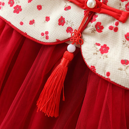 Spring and Autumn New Girl Princess Dress Red Chinese Style Small Flower Flip Collar Buckle Dress