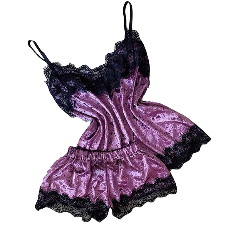 Women Pajama Suit Fashion V-Neck Stretch Satin Babydoll Lace Sexy Lingerie Bowknot Pyjamas Sleep Shorts 2 Piece Set Sleepwear