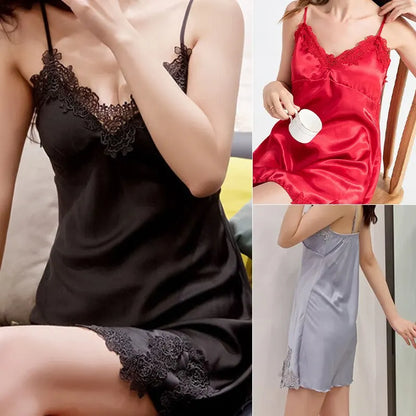 Women Sexy Sleepwear Plus Size Nightwear Lace Silk Satin Night Dress Hot Stain Nighties Lingerie Sling Pajamas Homewear