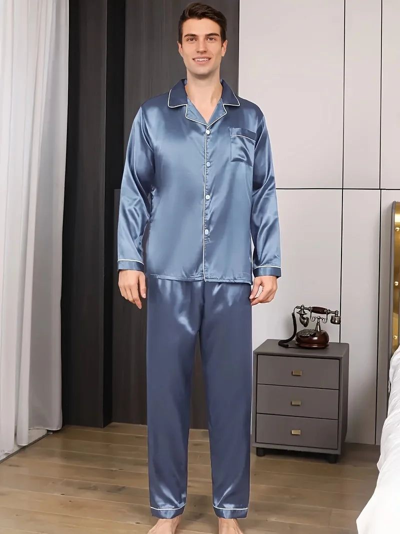 Men Pajama Sets Microfiber Sleepwear For Sleeping Man Shirt Silk Long Sleeve Pyjama Male Home Night Wear Plus Size Loungewear